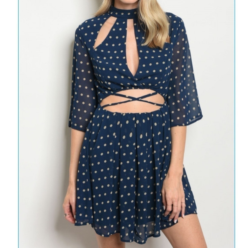 NWT Womens Navy High Neck Cut Out Polka Dot Dress Elegant Party Cocktail Style